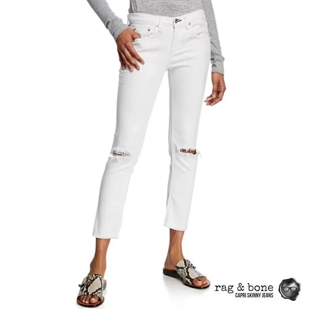 RAG & BONE SKINNY CAPRI JEANS WITH DISTRESSED KNEE HOLES NWT IN BRIGHT WHITE 27